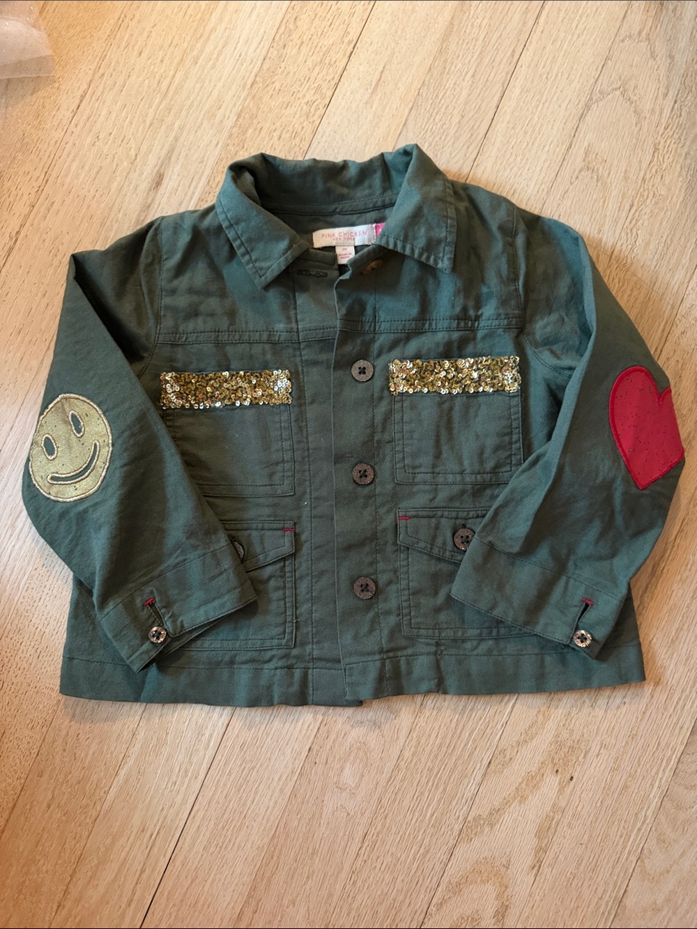 Pink Chicken Green Kids Jean Jacket with Gold Sequin Trim & Red Heart Patch
